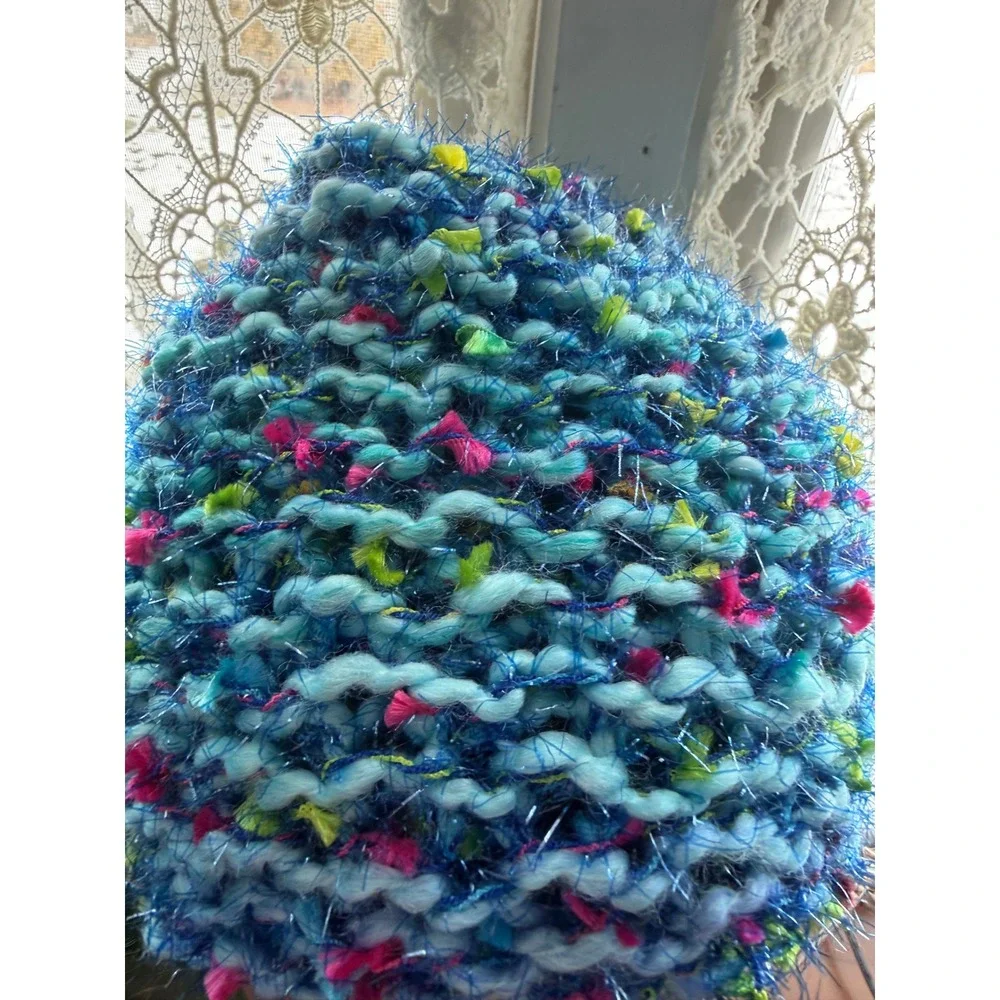 Handmade Beanie Hat‎ Womens OS Blue Multi Color New Chunky Knit Tinsel Shimmer